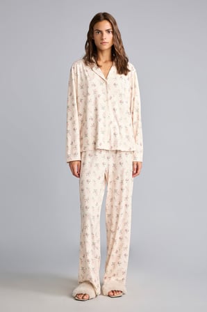 Regular Fit Çiçekli Uzun Kollu Üst Geniş Kesim Alt 2'li Pijama Takım