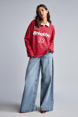Oversize Polo Yaka Çizgili Baskılı Kalın Kumaş Sweatshirt