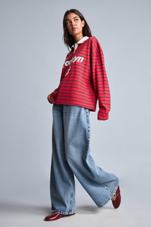 Oversize Polo Yaka Çizgili Baskılı Kalın Kumaş Sweatshirt