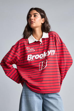 Oversize Polo Yaka Çizgili Baskılı Kalın Kumaş Sweatshirt