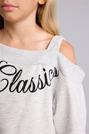 Asimetrik Omzu Açık Baskılı Sweatshirt Kız Çocuk