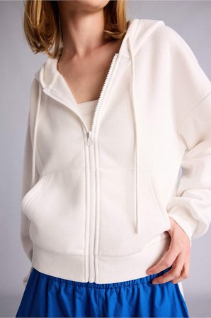Cropped Fit Kapüşonlu Kalın Fermuarlı Sweatshirt