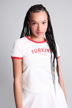 Slım Fıt Bisiklet Yaka Baskılı Sporcu Kısa Kollu Tişört