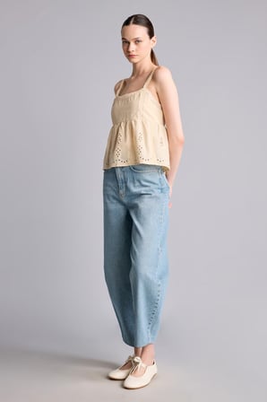 %100 Pamuk Barrel Fit Normal Bel Jean Pantolon