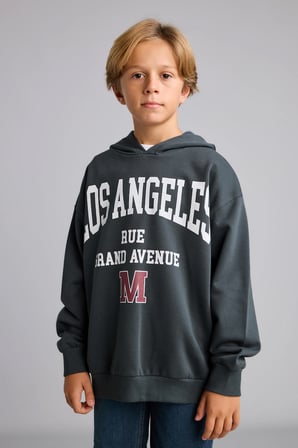 Overshirt Fit Kapüşonlu İçi Yumuşak Tüylü Baskılı Sweatshirt Erkek Çocuk
