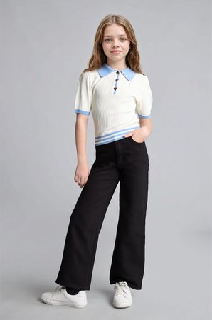 DeFacto Regular Fit Kısa Kollu Fitilli Polo Yaka Kazak Kız Çocuk I1714A826AUWT34