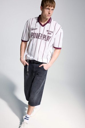 DeFacto Loose Fıt Slogan Baskılı Polo Tişört G4269AX26AUER105