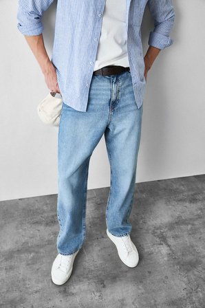 %100 Pamuk Baggy Fıt Geniş Paça Jean Açık Mavi Pantolon