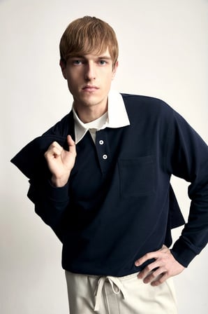 Defacto I3625AXNV64 Lacivert %100 Pamuk Relaxed Fit Kontrast Polo Yaka Cepli İnce Basic Sweatshirt