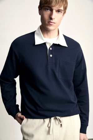 Defacto I3625AXNV64 Lacivert %100 Pamuk Relaxed Fit Kontrast Polo Yaka Cepli İnce Basic Sweatshirt