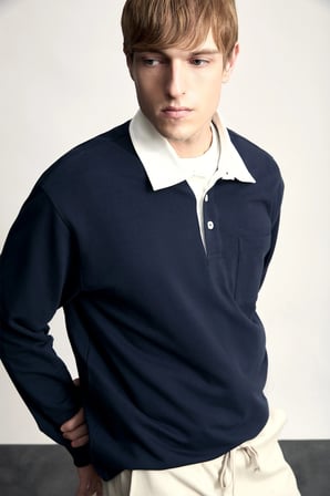 Defacto I3625AXNV64 Lacivert %100 Pamuk Relaxed Fit Kontrast Polo Yaka Cepli İnce Basic Sweatshirt