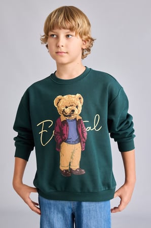 Oversize Bisiklet Yaka Ayıcık Figürlü Baskılı Uzun Kollu Sweatshirt Erkek Çocuk