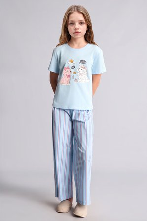 DeFacto %100 Pamuk Baskılı Kısa Kollu Üst Çizgili Geniş Paça Alt Regular Fit 2'li Pijama Takımı Kız Çocuk H5511A826WNBE415