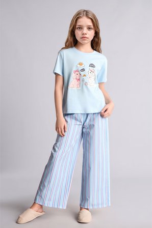 DeFacto %100 Pamuk Baskılı Kısa Kollu Üst Çizgili Geniş Paça Alt Regular Fit 2'li Pijama Takımı Kız Çocuk H5511A826WNBE415