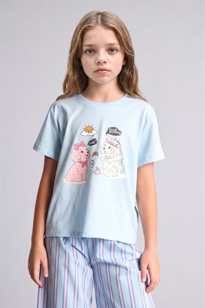 DeFacto %100 Pamuk Baskılı Kısa Kollu Üst Çizgili Geniş Paça Alt Regular Fit 2'li Pijama Takımı Kız Çocuk H5511A826WNBE415