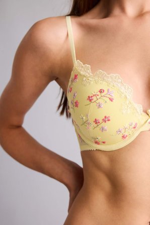 Dantelli Brode Kaplı Full Push Up Balenli Tişört Açık Sarı Bra