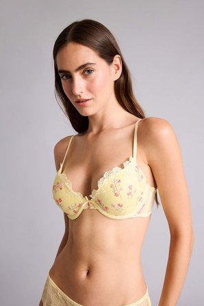Dantelli Brode Kaplı Full Push Up Balenli Tişört Açık Sarı Bra