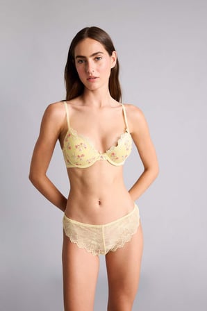 Dantelli Brode Kaplı Full Push Up Balenli Tişört Açık Sarı Bra