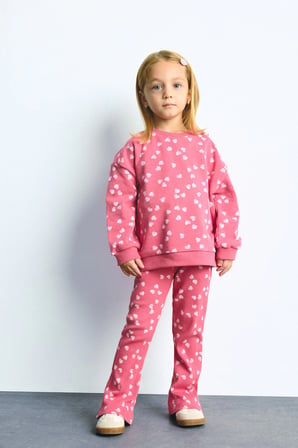 DeFacto %100 Pamuk Kalp Desenli Sweatshirt Esnek Belli İspanyol Paça Tayt 2'li Takım Kız Bebek I3663A526WNRD60