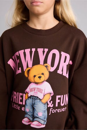 Relax Fit Bisiklet Yaka Ayıcık Baskılı Sweatshirt Kız Çocuk