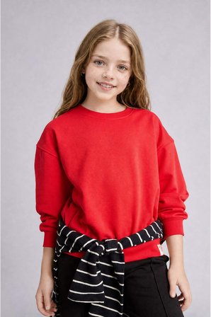 DeFacto Relax Fıt Bisiklet Yaka Kırmızı Sweatshirt Kız Çocuk E6842A826AURD227