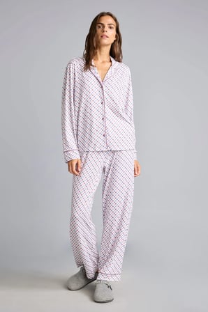 Regular Fit Desenli Biyeli Uzun Kollu Pijama Takımı