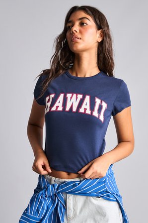 DeFacto Fitted Bisiklet Yaka Hawaii Baskılı Ribana Kısa Kollu Crop Tişört I5341AX26HSNV241