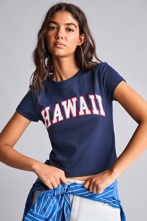 DeFacto Fitted Bisiklet Yaka Hawaii Baskılı Ribana Kısa Kollu Crop Tişört I5341AX26HSNV241