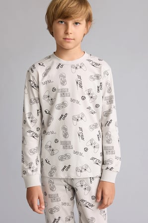 Regular Fit Uzun Kollu Üst Lastikli Paça Alt Baskılı 2'li Pijama Takımı Erkek Çocuk