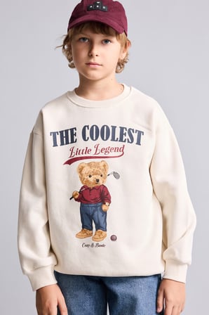 Oversize Bisiklet Yaka Ayıcık Figürlü Baskılı Uzun Kollu Sweatshirt Erkek Çocuk