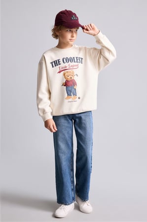 Oversize Bisiklet Yaka Ayıcık Figürlü Baskılı Uzun Kollu Sweatshirt Erkek Çocuk