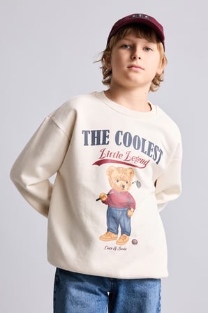 Oversize Bisiklet Yaka Ayıcık Figürlü Baskılı Uzun Kollu Sweatshirt Erkek Çocuk