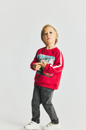 DeFacto Cars Baskılı Şerit Detaylı Oversize Sweatshirt Erkek Bebek I3543A526WNRD166