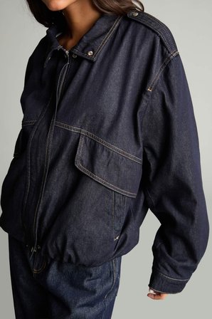 Oversıze Fermuarlı Çıtçıtlı Jean Ceket