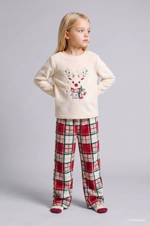 Yeni Yıl Geyik Baskılı Ekose Welsoft Pelüş 2'li Pijama Takımı Kız Bebek
