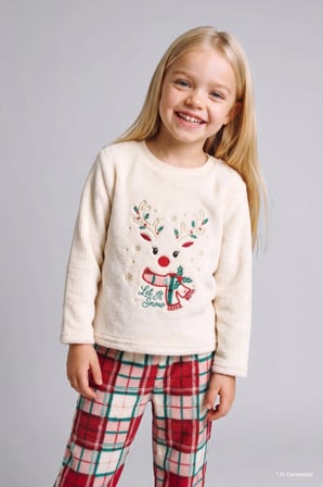 Yeni Yıl Geyik Baskılı Ekose Welsoft Pelüş 2'li Pijama Takımı Kız Bebek