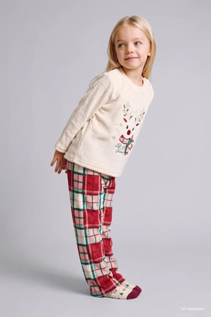 Yeni Yıl Geyik Baskılı Ekose Welsoft Pelüş 2'li Pijama Takımı Kız Bebek