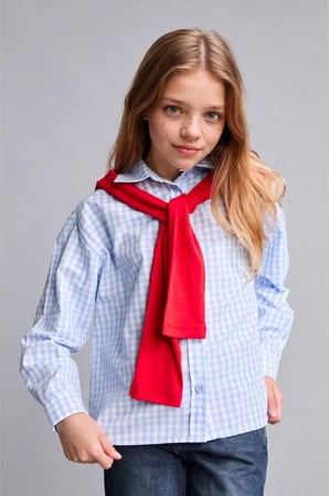 DeFacto Regular Fıt Poplin Uzun Kollu Kareli Açık Mavi Gömlek Kız Çocuk H9034A826AUBE791