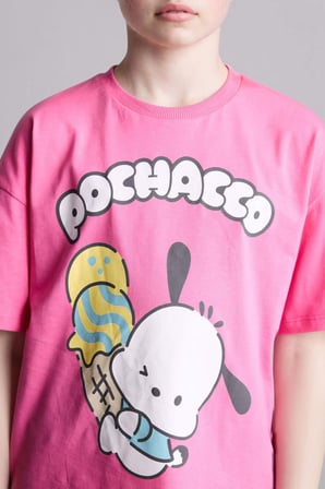 %100 Pamuk Pochacco Oversıze Bisiklet Yaka Kısa Kollu Tişört Kız Çocuk