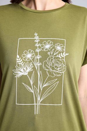 DeFacto Bisiklet Yaka Çiçekli Kısa Kollu Zeytin Yeşili Tişört H8368AX26HSKH473