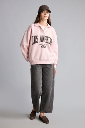 Regular Fıt Kaçık Yaka Baskılı Kalın Sweatshirt Kumaşı Sweatshirt