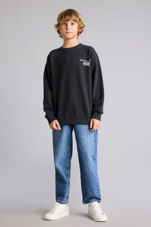 Oversıze Bisiklet Yaka Waffle Sweatshirt Erkek Çocuk