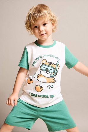 DeFacto %100 Pamuk Baskılı Kısa Kollu Üst Şort Alt 2'li Pijama Takımı Erkek Bebek H8217A526HSER105