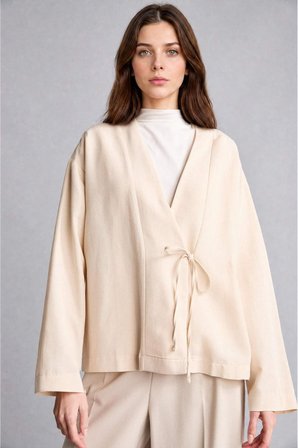 DeFacto Regular Fıt Keten Karışımlı Bej Kimono I1780AX26HSER37