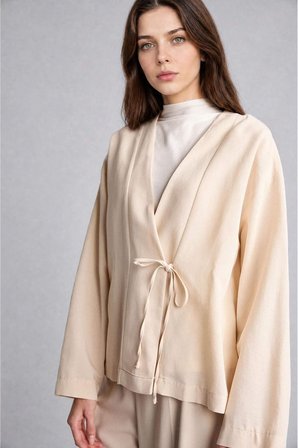 DeFacto Regular Fıt Keten Karışımlı Bej Kimono I1780AX26HSER37