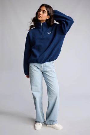 Loose Fit Yarım Fermuarlı Nakış Detaylı Polar Sweatshirt
