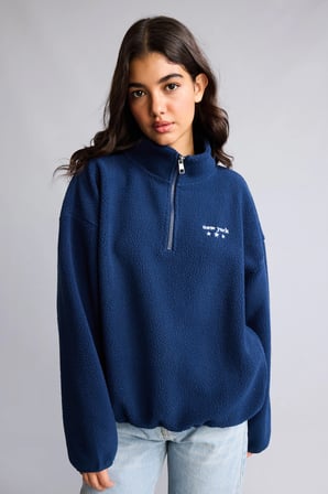Loose Fit Yarım Fermuarlı Nakış Detaylı Polar Sweatshirt
