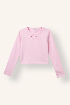 Bisiklet Yaka Pencere Detaylı Uzun Kollu Crop Basic Tişört Kız Çocuk