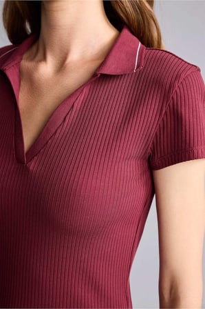 Slım Fıt Kaçık Yaka Basic Fitilli Kısa Kollu Polo Ekru Tişört