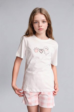 Regular Fıt Şortlu 2'li Ecru Pijama Takımı Kız Çocuk